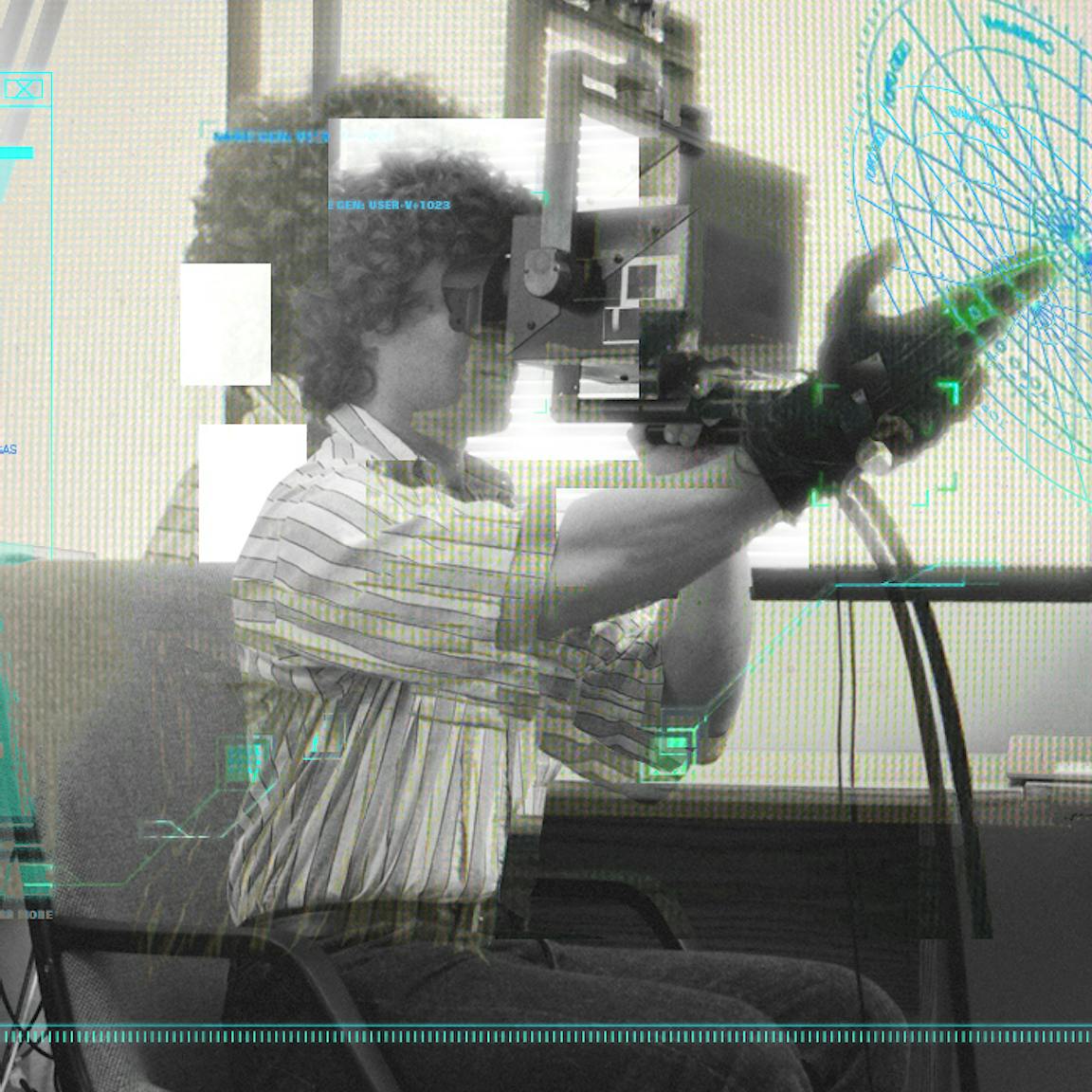 A person gestures while wearing high-tech gloves, interacting with digital interfaces.